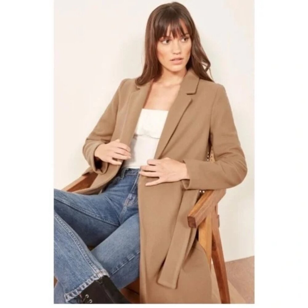 Reformation Barton Belted Wrap Wool Trench Coat Camel Tan